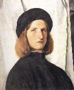 Lorenzo Lotto Portrait of a young man against a white curtain oil on canvas